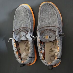 Hey Dude, grey/orange/black. 12 mens. Worn twice.